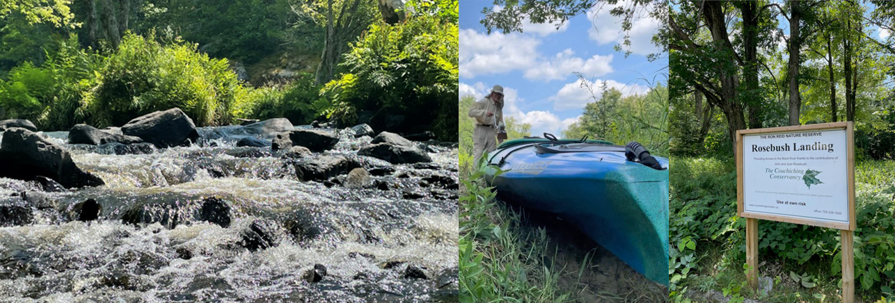 3 photos from Black River paddle party - waterfall, overturned canoe, Rosebush Landing sign
